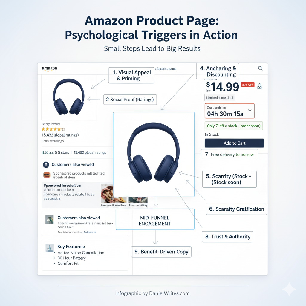 screenshot of amazon product page highlighting multiple psychological triggers